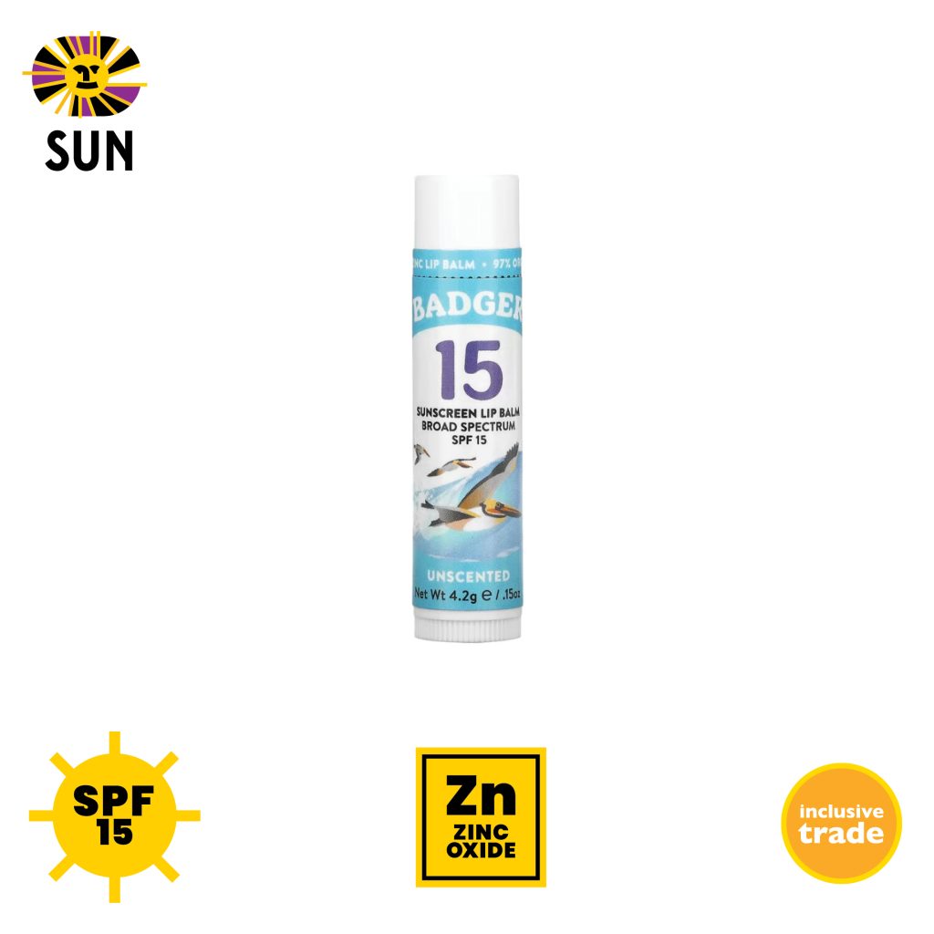Badger SPF 15 Sunscreen lip balm, unscented, zinc oxide, inclusive trade