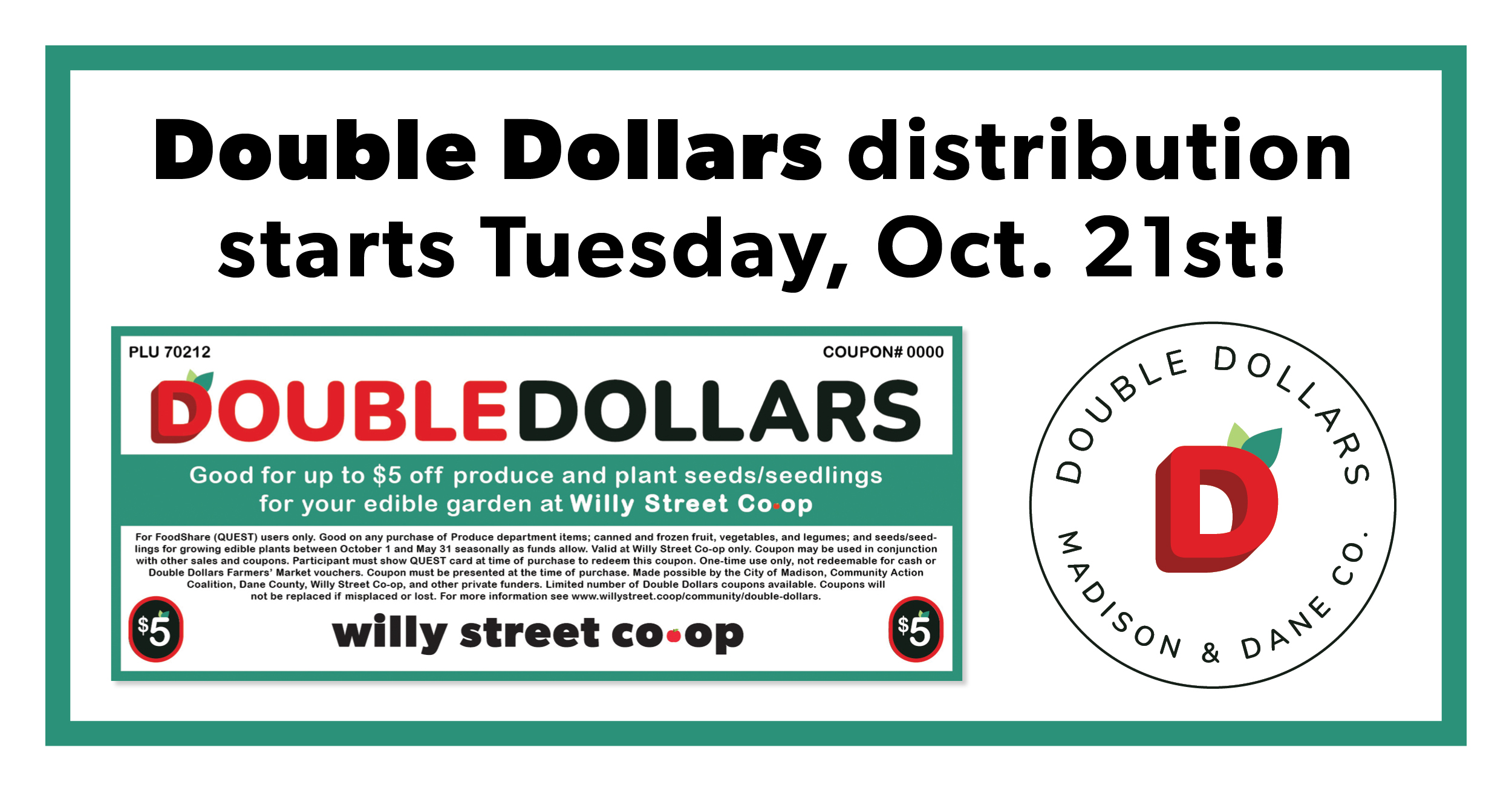 Double Dollars distribution starts Tuesday, Oct. 2!