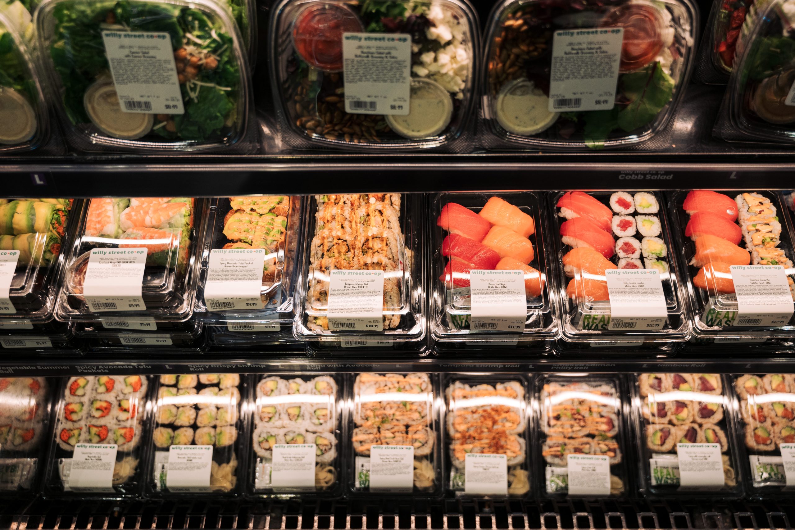 Fresh sushi rolls in the deli case