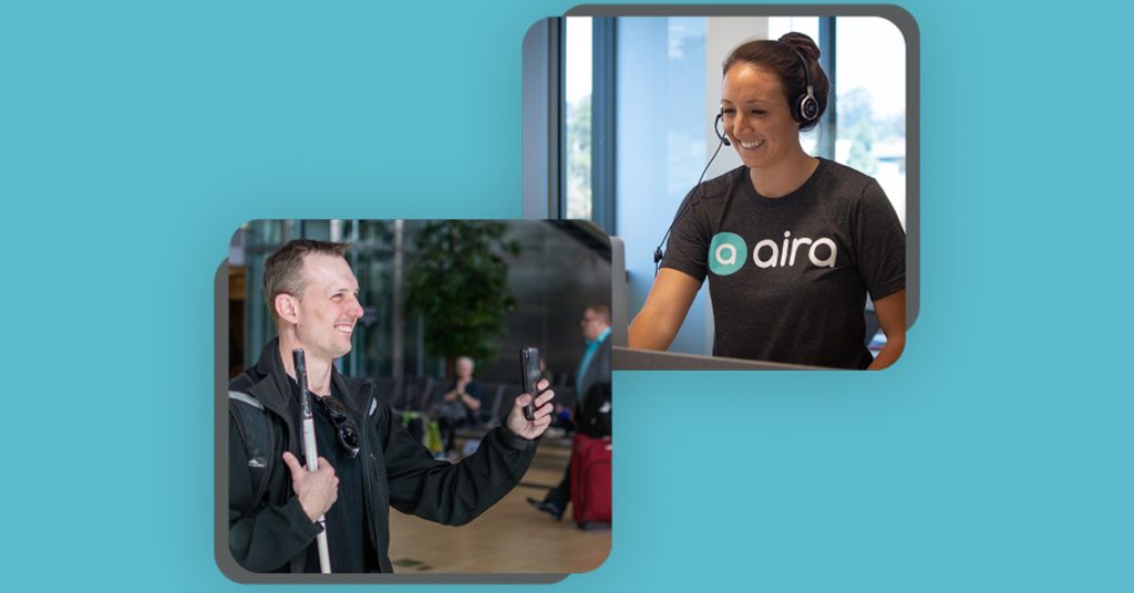 An Aira interpreter explaining what a visually impaired man is showing through his smartphone camera.