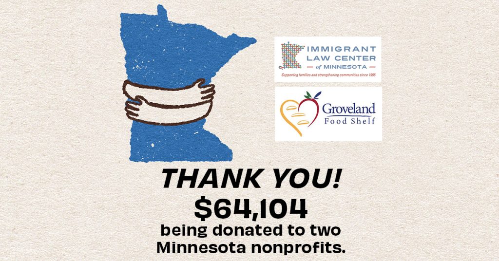 The state of Minnesota being hugged with text saying Thank you! $64,104 being donated to two Minnesota nonprofits.