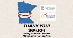 The state of Minnesota being hugged with text saying Thank you! $64,104 being donated to two Minnesota nonprofits.