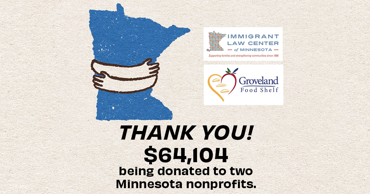 The state of Minnesota being hugged with text saying Thank you! $64,104 being donated to two Minnesota nonprofits.