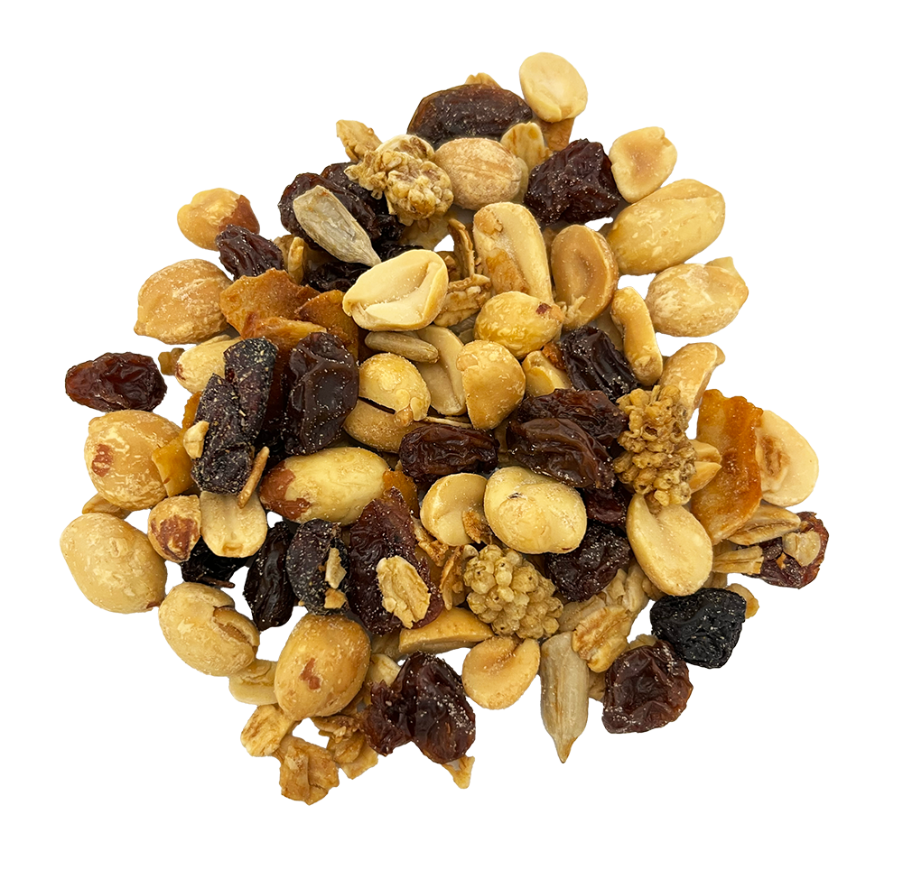 Combination of peanuts, raisins, goji berries, cashews, toasted coconut chips, and sunflower seeds.