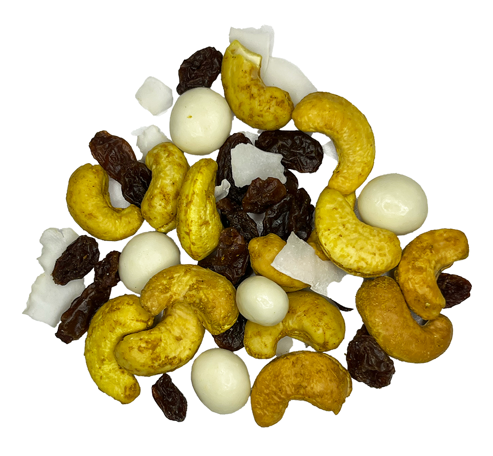 Curry cashews, raisins, coconut chips, and yogurt-covered raisins.
