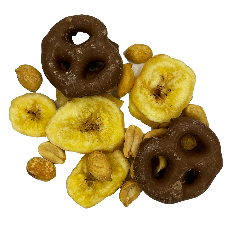 Peanuts, banana chips, and chocolate-covered pretzels.