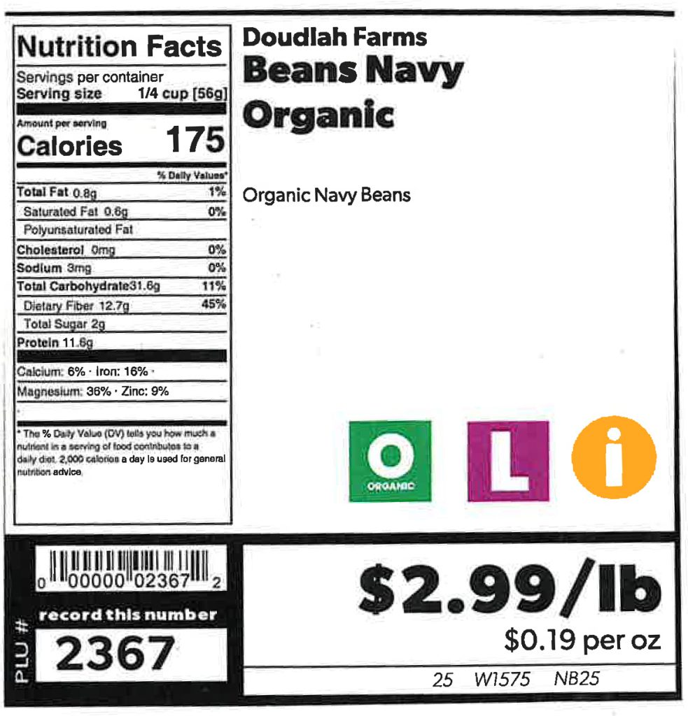 Doudlah Farms Organic Navy Beans bulk sign, with Organic, Local, and Inclusive Trade icons.