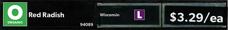 Red Radish shelf sign with a Local icon and "Wisconsin" for the origin.